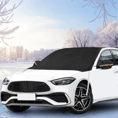 Abbildung von Uoimky Frontscheibenabdeckung, Auto Scheibenabdeckung mit Rückspiegelabdeckung Faltbare Winter Windschutzscheibe Abdeckung Frontscheibe Eisschutzfolie gegen Schnee, Frost, EIS, UV, Staub