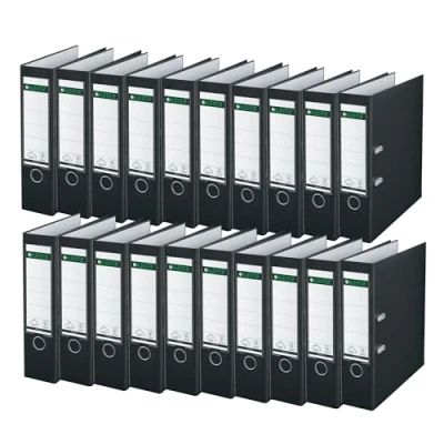 Abbildung von Leitz Qualitäts Ordner 180 Plastik, 20er Pack, das Original, A4 Aktenordner 8 cm breit, 90% Recycling Karton, 30% Pre Consumer Kunststoff, Mit Mechanik, 600 Blatt, Schwarz, 10105095