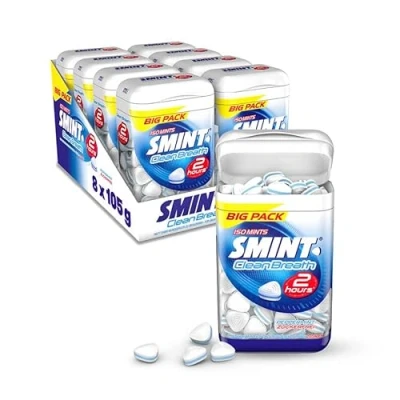 Abbildung von SMINT 2H Clean Breath Peppermint, 8 Big Pack Dosen mit je 150 Minz Pastillen, zuckerfreie Mints für über 2 Stunden frischen Atem, x 105g