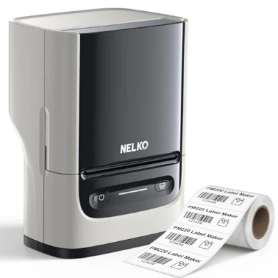 Abbildung von Nelko Etikettendrucker mit 1 Etiketten, Bluetooth PM220 beschriftungsgerät selbstklebend, 2 Zoll Thermo etikettiergerät Aufkleber Kompatibel iOS und Android für Einzelhandel, Büro（Beige）