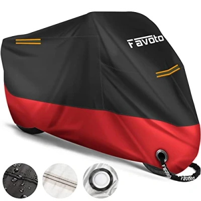 Abbildung von Favoto [Verbesserte Version] Wasserdicht Motorradabdeckung Motorrad Abdeckplane Outdoor Motorradgarage Motorroller Abdeckung Winddicht mit 2 Gürtelschnalle Schwarz Camouflage 220cmx105cmx125cm