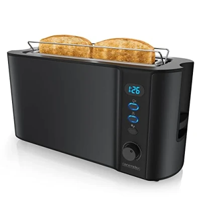Abbildung von Arendo Toaster Langschlitz 2 Scheiben Defrost Funktion 1000 W Doppelwandgehäuse Integrierter Brötchenaufsatz Bräunungsgrade 1 6 Display mit Restzeitanzeige Edelstahl schwarz matt