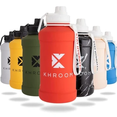 Abbildung von Khroom Trinkflasche Edelstahl 1,3L &amp; 2,2L, Sport Gym Outdoor, 2 Liter XXL Wasserflasche, BPA frei, auslaufsicher, bruchsicher, Kohlensäure geeignet