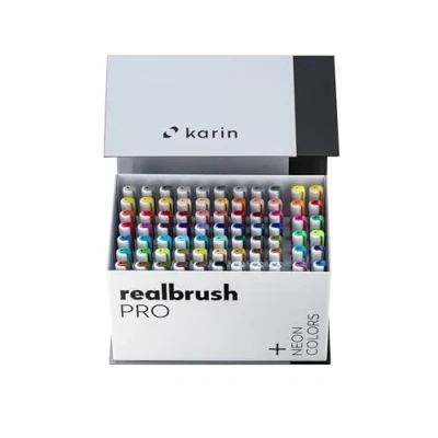 Abbildung von KARIN Realbrush PRO Mega Box PLUS 72 Farben (einschließlich 12 Neonfarben) + 3 Blender in einer exklusiven Verpackung für den einfachen Gebrauch.
