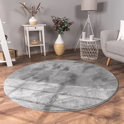 Abbildung von Paco Home Hochflor Teppich Wohnzimmer Flauschig Fellteppich Kunstfell Plüsch Shaggy Weich Fellimitat, Grösse:80 cm Rund, Farbe:Anthrazit