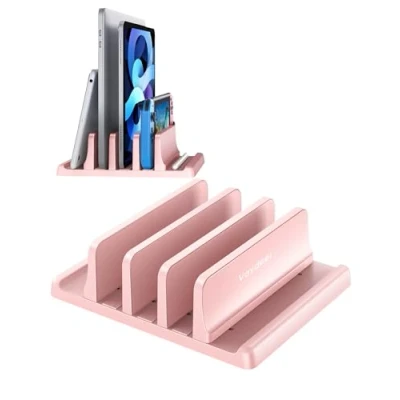 Abbildung von VAYDEER Vertikaler Laptopständer Platzsparend &amp; Verstellbar, 5 in 1, 3 Steckplätze, für MacBook, Notebook, iPad Laptops bis 17,3 Zoll Rosa