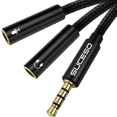 Abbildung von SUCESO Kopfhörer Adapter Splitter 3.5mm Stecker auf Doppel Buchse Klinkenstecker Mikrofon Kabel für PS4, Xbox One, Laptop, Smartphone, Gaming Headset usw 1M(Schwarz)