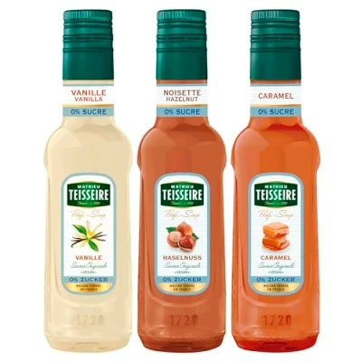 Abbildung von Mathieu Teisseire Sirup Light Set (3 x 250ml Flaschen: Vanille 0%, Caramel 0% &amp; Haselnuss 0%)