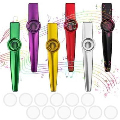 Abbildung von Baxcdyswe 6 Stück Kazoo Instrument, Metall Kazoos mit 12 Austauschbaren Membran, Nasenflöte, Geeignet für Kinder, Erwachsene und Musikanfänger, Bunt fur Kinder Party Favors Geschenke