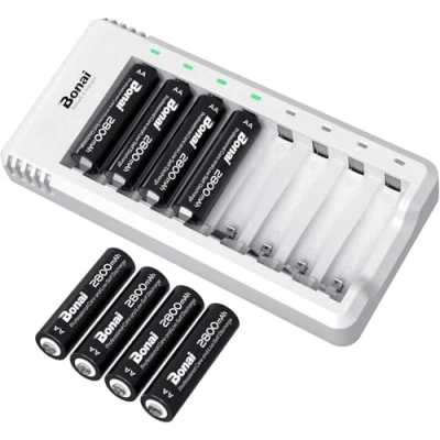 Abbildung von BONAI Akku Ladegerät AA AAA NI MH Cd Akkuladegerät Battery Charger LED Anzeige USB Schnell Ladung Batterieladegerät mit 2800mah 8 Stück