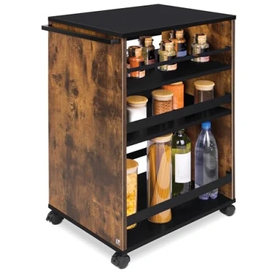 Abbildung von bomoe Nischenwagen Servierwagen auf Rollen mit 3 verstellbaren Ebenen &amp; FSC® Holz Küchenwagen Arbeitsplatte freistehender Universal Rollwagen Küche Bad Büro 50x38x79 cm Braun Schwarz Bengt
