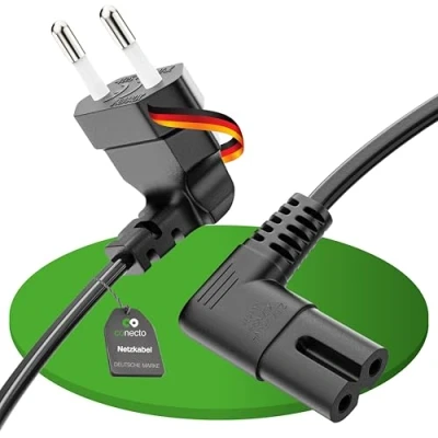 Abbildung von conecto Stromkabel Netzkabel 2 Polig, 3,0m, Eurostecker Netzstecker Typ C auf IEC C7 Buchse Euro 8 Stecker, 90 Winkel Netzteil Strom Kabel für Haushaltsgeräte, PS3, PS4, PS5, TV UVM, Schwarz