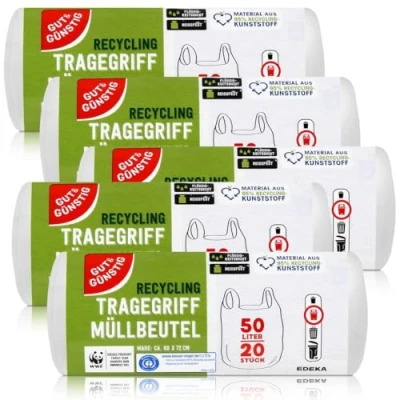 Abbildung von Gut &amp; Günstig Müllbeutel mit Tragegriff, 50 Liter, 20 Stück pro Rolle, reiß und flüssigkeitsbeständig, recycelbares Produkt Verpackung