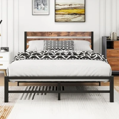 Abbildung von VERFARM Modern Metallbett Bettrahmen, Metall Bett Bettrahmen mit Holz Kopfteil, Bettgestelle Lattenrost für Schlafzimmer Gästezimmer, Einfache Montage, 140 x 200 cm, Schwarz Braun
