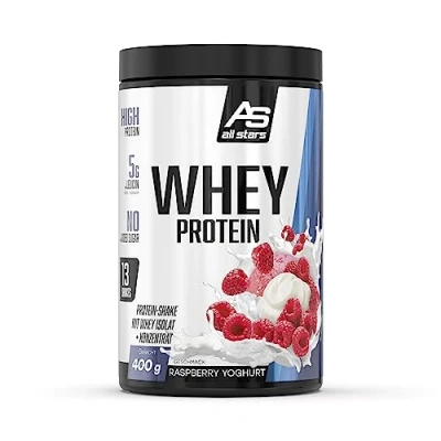 Abbildung von All Stars 100% Whey Protein 400g I Eiweiß Pulver mit Konzentrat &amp; Isolat leckeres Low Fat Powder hochwertiges cremiger Shake Raspberry Yoghurt Flavour