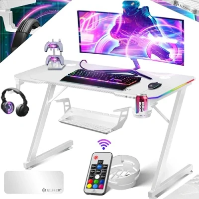 Abbildung von KESSER® Gaming Tisch LED 100cm x 60cm Z Form Gamer Schreibtisch Kopfhörerhaken &amp; Kohlebeschichtung Ergonomischer PC Computertisch Stabiler mit Getränkehalter Weiß
