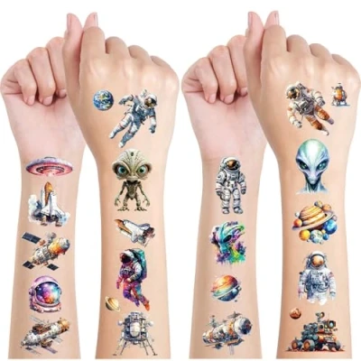 Abbildung von Weltraum Kinder Tattoo, 12 Blätter Temporäre Glitzer Kindertattoos, Tattoos Deko Kindergeburtstag, Geburtstag Party Geschenk Kleine, Hautfreundliche