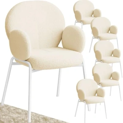 Abbildung von tectake® 6er Set Esszimmer Stuhl mit Armlehne, modernes Küchenmöbel Bouclé Teddystoff Bezug, Esszimmerstühle Wohnzimmer Sessel, Dining Chair, Küchenstühle für Esstisch (Creme)