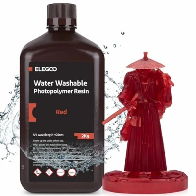 Abbildung von ELEGOO 405nm Wasser Waschbares Resin, Water Washable 3D Drucker Rapid Harz für LCD UV Härtung Photopolymer 2kg Klarrot