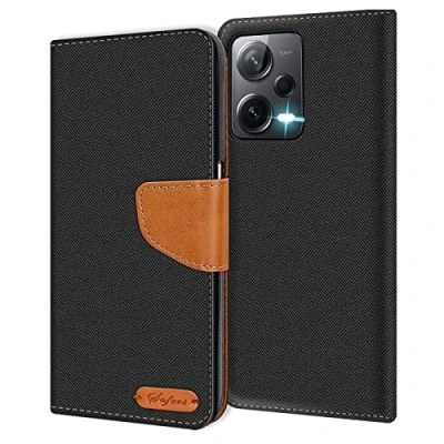 Abbildung von Verco kompatibel mit Poco X5 Pro 5G Hülle, Schutzhülle für Xiaomi Tasche Denim Textil Book Case Flip Klapphülle Schwarz