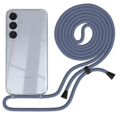 Abbildung von EAZY CASE Handykette kompatibel mit Galaxy S25 Plus Handyhülle Umhängeband, Handykordel Schutzhülle, Silikonhülle, Hülle Band, Stylische Kette für Smartphone, Stahlblau Clips Schwarz