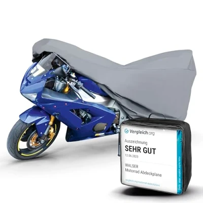 Abbildung von WALSER Premium Motorrad Abdeckplane M, Auszeichnung Sehr Gut* aus hochwertigem PVC, Outdoor Plane, Zubehör, grau 215x95x120 cm