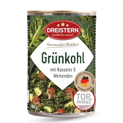 Abbildung von DREISTERN Grünkohl mit Kasseler und Mettenden 400 g I leckeres Fertiggericht Gemüse in der praktischen recycelbaren Konserve Kombination Kasseler&amp;