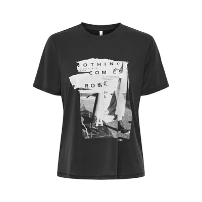 Abbildung von ONLY Damen Onlfree Life Reg S/S Leaf Top Box JRS T Shirt, Black/Print:Nothing, Small