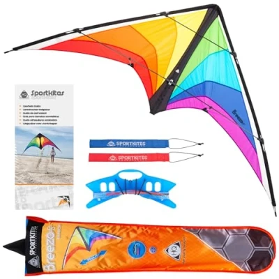 Abbildung von HQ Design Breezo Lenkdrachen Zweileiner Flugdrachen Allround Drachen für Kinder und Erwachsene ab 12 Jahre 82x170cm inkl. 50kp Dyneemaschnüre 2x25m+Schlaufen 2 6 Bft (Rainbow)