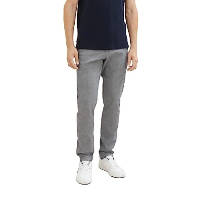 Abbildung von TOM TAILOR Herren Slim Fit Chino Hose aus Stretch Piqué mit Gürtel, 32284 White Navy Zig Zag Structure, 28/34