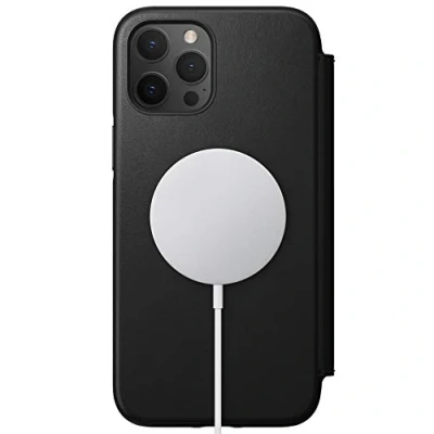 Abbildung von NOMAD Modern Folio Case mit MagSafe Kompatibilität, Klapphülle aus Echtleder kompatibel iPhone 12 Pro Max in schwarz