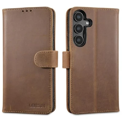 Abbildung von LENSUN Echtleder Handyhülle für Samsung Galaxy S25 Plus, Lederhülle [Brieftasche][RFID Schutz][Standfunktion] Hülle Handytasche S25+ Plus Vintage Dunkelbraun