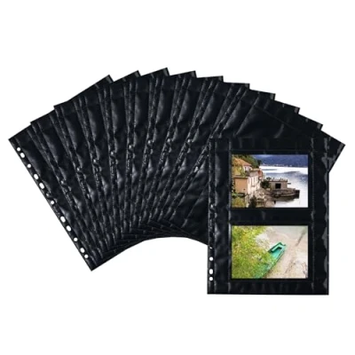 Abbildung von HERMA 7717 Fotohüllen für Ordner, 250 Stück, 10x15 cm quer, 2 Fächer geteilt, beidseitig bestückbare Fotophan Fotosichthüllen Sammelhüllen Postkartenhüllen Prospekthüllen mit Eurolochung, schwarz