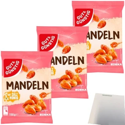 Abbildung von Gut&amp;Günstig Mandeln mit Salz und Honig lecker karamellisiert 3er Pack (3x150g Packung) + usy Block