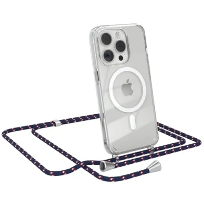 Abbildung von EAZY CASE Handykette kompatibel mit iPhone 15 Pro Kette zum Umhängen Stoßfest Handyhülle für Silikon Hülle Band Handytasche Transparent als Fallschutz in Navy Camouflage