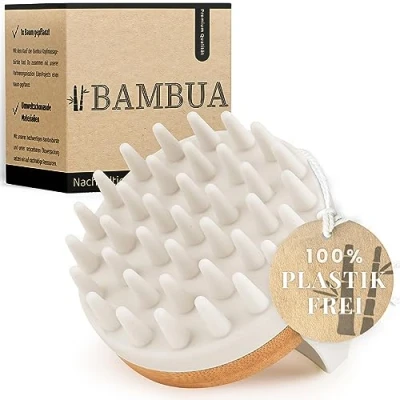 Abbildung von BAMBUA Kopfhaut Massagebürste (Anti Schuppen Effekt) Kopfmassage Bürste Zur beim Duschen Premium Scalp Massager inkl. E Book „Gesunde Kopfhaut“ (Weiß)