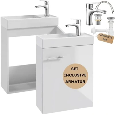 Abbildung von Deftrans Bad Unterschrank Waschbecken Weiß 50 x 70 21,3 cm, Badezimmer Set mit Waschtisch und Armatur, Hängeschrank, modernes Badmöbel, Armaturen, schmaler Badezimmerschrank