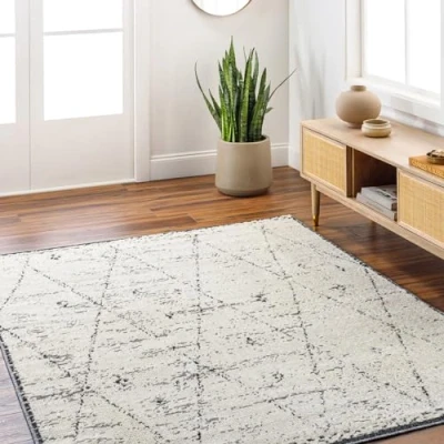 Abbildung von Surya Plano Teppich Wohnzimmer Boho, großer Schlafzimmer 120x170 cm für Esszimmer mit geometrischem Muster, Skandinavischer Wohnzimmerteppich modern in Creme und Schwarz