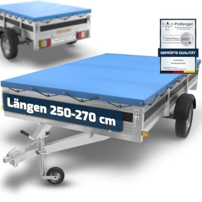 Abbildung von Tarpofix® Anhänger Plane 266 x 160 cm inkl. Planenseil Anhängerplane Flachplane aus PVC PLANENMATERIAL Verstärkte Eduard 2615 für PKW Hänger Abdeckplane Abdeckung Blau