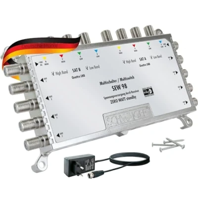 Abbildung von SCHWAIGER 5217 Multischalter SAT Verteiler 8 Fach für 2 Satellitensignale Multifeed Splitter digital Multiswitch Wege mit externem Netzteil Satellitenpositionen auf Ausgänge