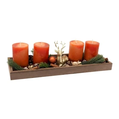 Abbildung von ZauberDeko Adventsgesteck Weihnachten Deko Tablett Holz Hirsch Gold Kerze Orange Tischdeko 40cm