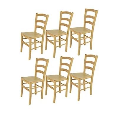 Abbildung von t m c s Tommychairs 6er Set Stühle Venice für Küche und Esszimmer, robuste Struktur aus lackiertem Buchenholz im Farbton Naturfarben Sitzfläche Holz
