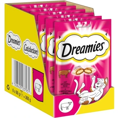 Abbildung von DREAMIES Katzensnacks 6x60g mit Rind Traumhaft knusprige Katzen Leckerlies zarter Füllung