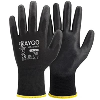 Abbildung von KAYGO 12 Paar Arbeitshandschuhe für Herren Damen, PU beschichtet Schutzhandschuhe, antirutsch Griff an Handflächen und Fingern, Geeignet DIY allgemeine Arbeit Gartenarbeit (Schwarz, L, Gr 9)