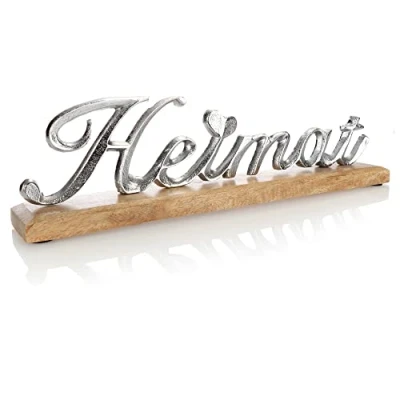 Abbildung von com four® Deko Aufsteller Heimat Schriftzug aus vernickeltem Aluminium auf Mangoholz Sockel zum Hinstellen (silberfarben Heimat)