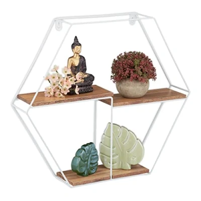 Abbildung von Relaxdays Wandregal Hexagon, Hängeregal, 3 Ablagen, HxBxT 45 x 51,5 10 cm, Metall &amp; MDF, Dekoregal Wand, weiß/braun