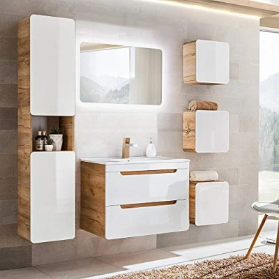 Abbildung von Lomadox Badmöbel Set, Hochglanz weiß mit Wotan Eiche Nb., 80 cm Waschtisch Unterschrank Keramik Waschbecken, 50 LED Spiegel, Hochschrank &amp; 3 Hängeschränke