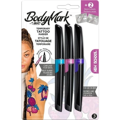 Abbildung von BodyMark by BIC, temporäre Tattoos in 3 Farben &#039;New School&#039;, geruchsarme und schnell trocknende Tattoo Stifte für die Haut mit 2 Schablonen