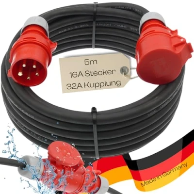 Abbildung von CEE Adapterkabel Starkstromkabel Verlängerungskabel Kraftstromkabel Adapterleitung 16A PCE Stecker auf 32A Dose Buchse 5 polig H07RN F 5X2,5 400V 5m