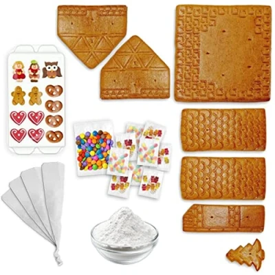 Abbildung von Lebkuchenwelt Lebkuchenhaus Bastelset mit Bastel Anleitung ca. 17x17x18 cm inkl. Zuckerfiguren Schokolinsen Gummibärchen Zuckerguss Fertig Mix &amp; Lebensmittelkleber 920g Lebkuchen Hexenhaus